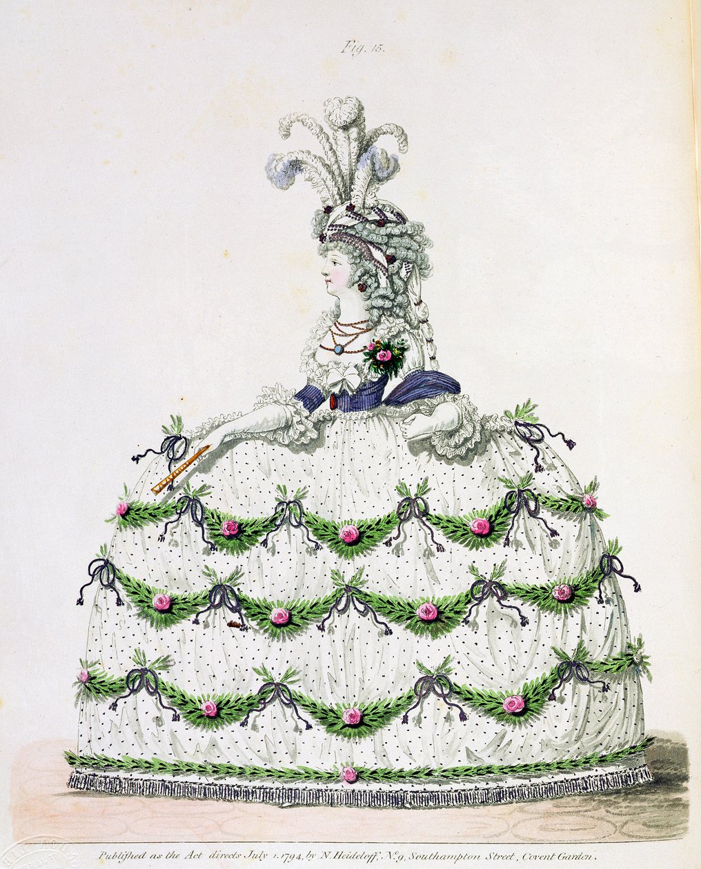 Dvorní šaty, obr. 15, z „Galerie módy“ Nikolause Heideloffa, svazek I, červenec 1794 (tisk) od Nicolaus von Heideloff