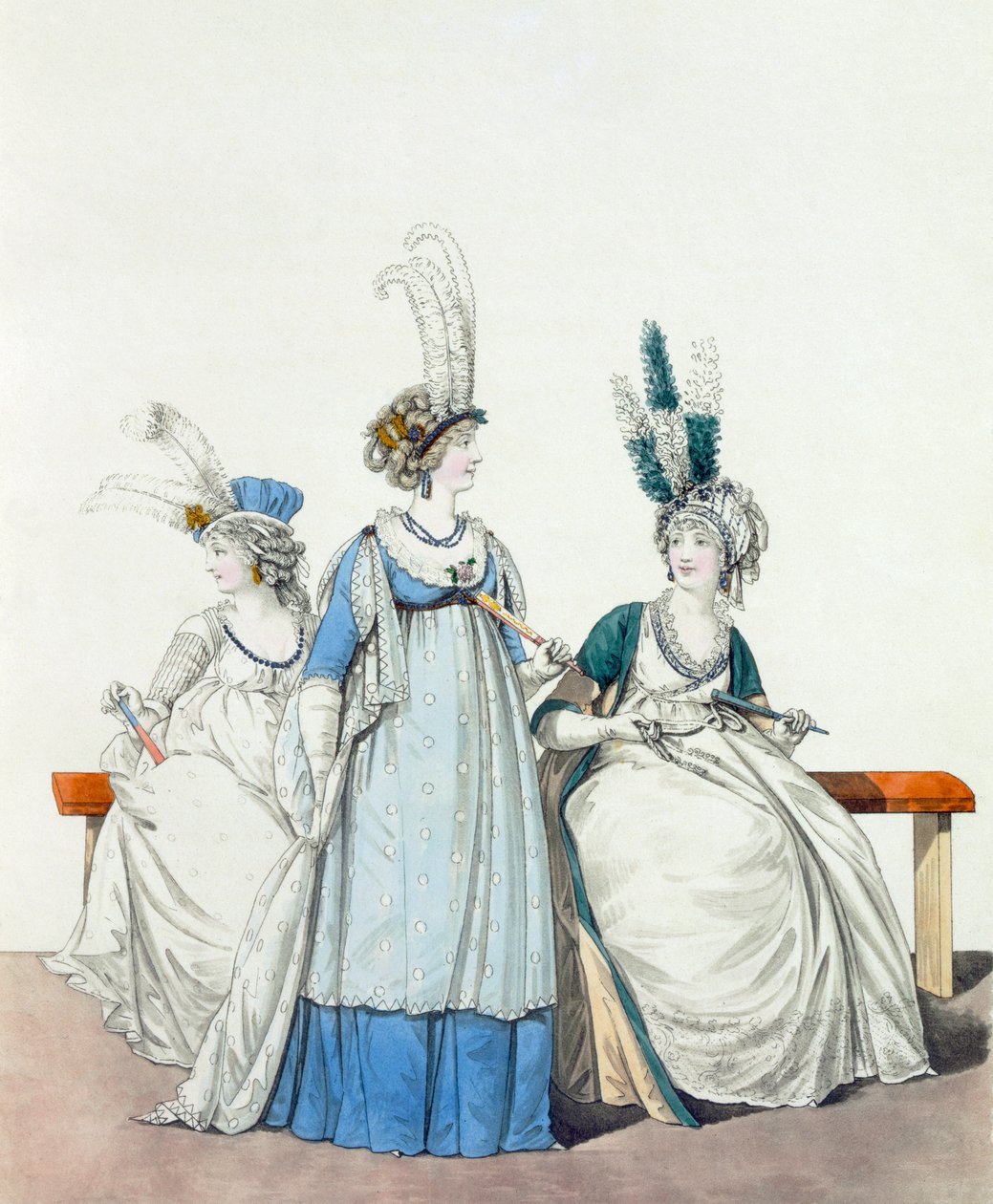 Večerní šaty do opery a na koncerty, obr. 96, obr. 97 7 obr. 98 z "The Gallery of Fashion", 1797 od Nicolaus von Heideloff
