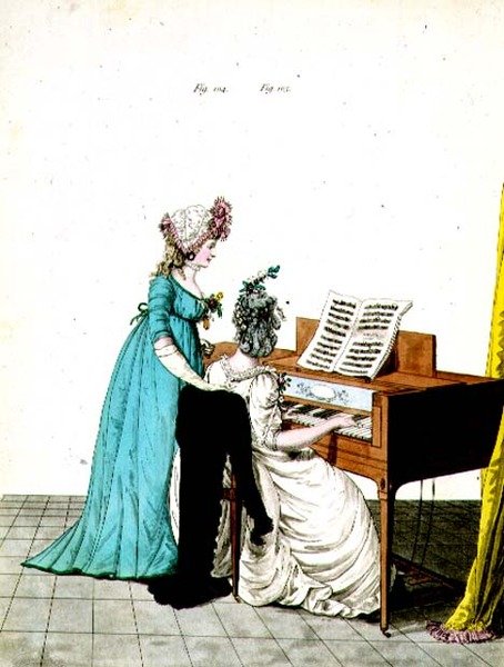 obr. 104 a 105, módní talíř z Galerie módy N. Heideloffa, červenec 1798 (barevná rytina) Obr. od Nicolaus von Heideloff