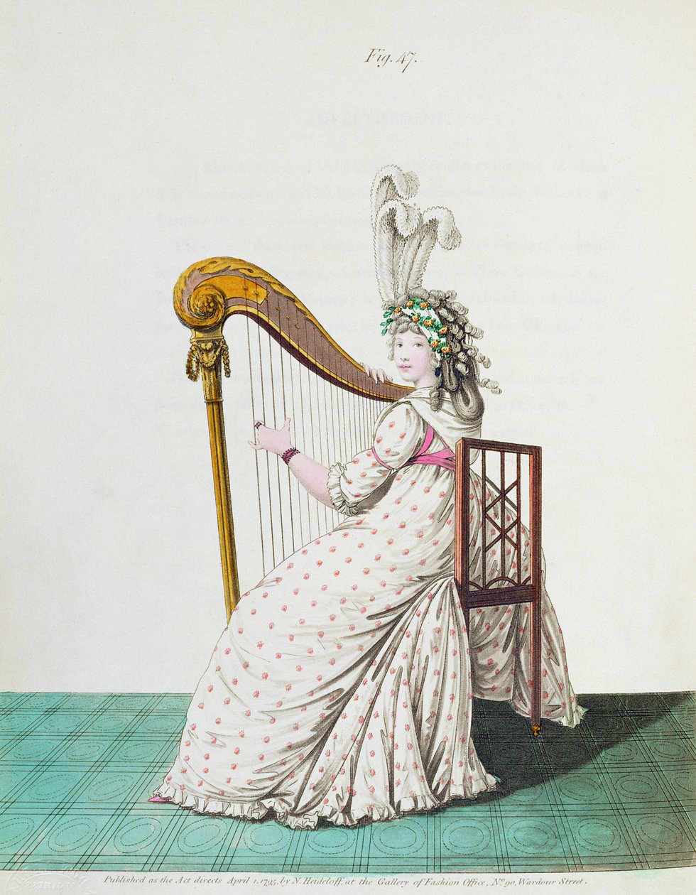 Dáma hrající na harfu ve večerních šatech z Galerie módy Nikolause Heideloffa, svazek II, duben 1795 (tisk) od Nicolaus von Heideloff