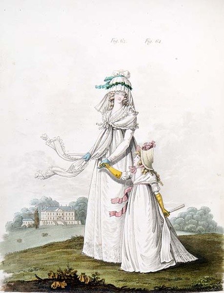 Matka a dítě v ranních šatech z „Galerie módy“ Nikolause Heideloffa, svazek II, srpen 1795 (tisk) od Nicolaus von Heideloff