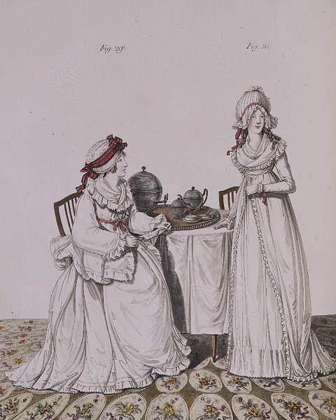 Dvě dámy u snídaně v jejich šatně, v nočních čepicích a peignoir, z „Galerie módy“ Nikolause Heideloffa, svazek I, listopad 1794 (tisk) od Nicolaus von Heideloff