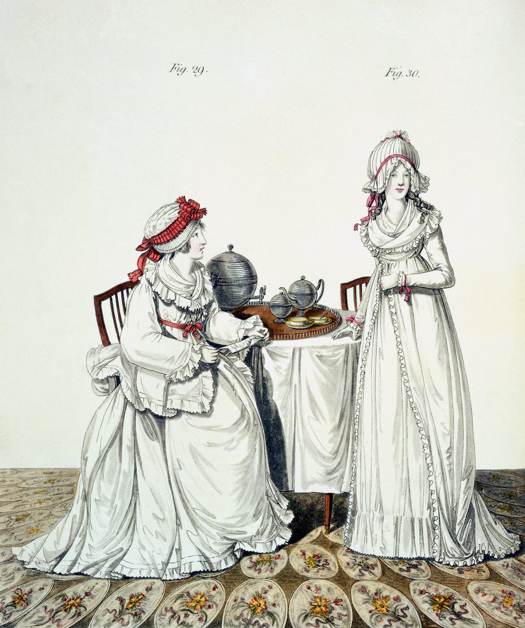 Dvě dámy u snídaně v jejich šatně, v nočních čepicích a peignoir, z „Galerie módy“ Nikolause Heideloffa, svazek I, listopad 1794 od Nicolaus von Heideloff
