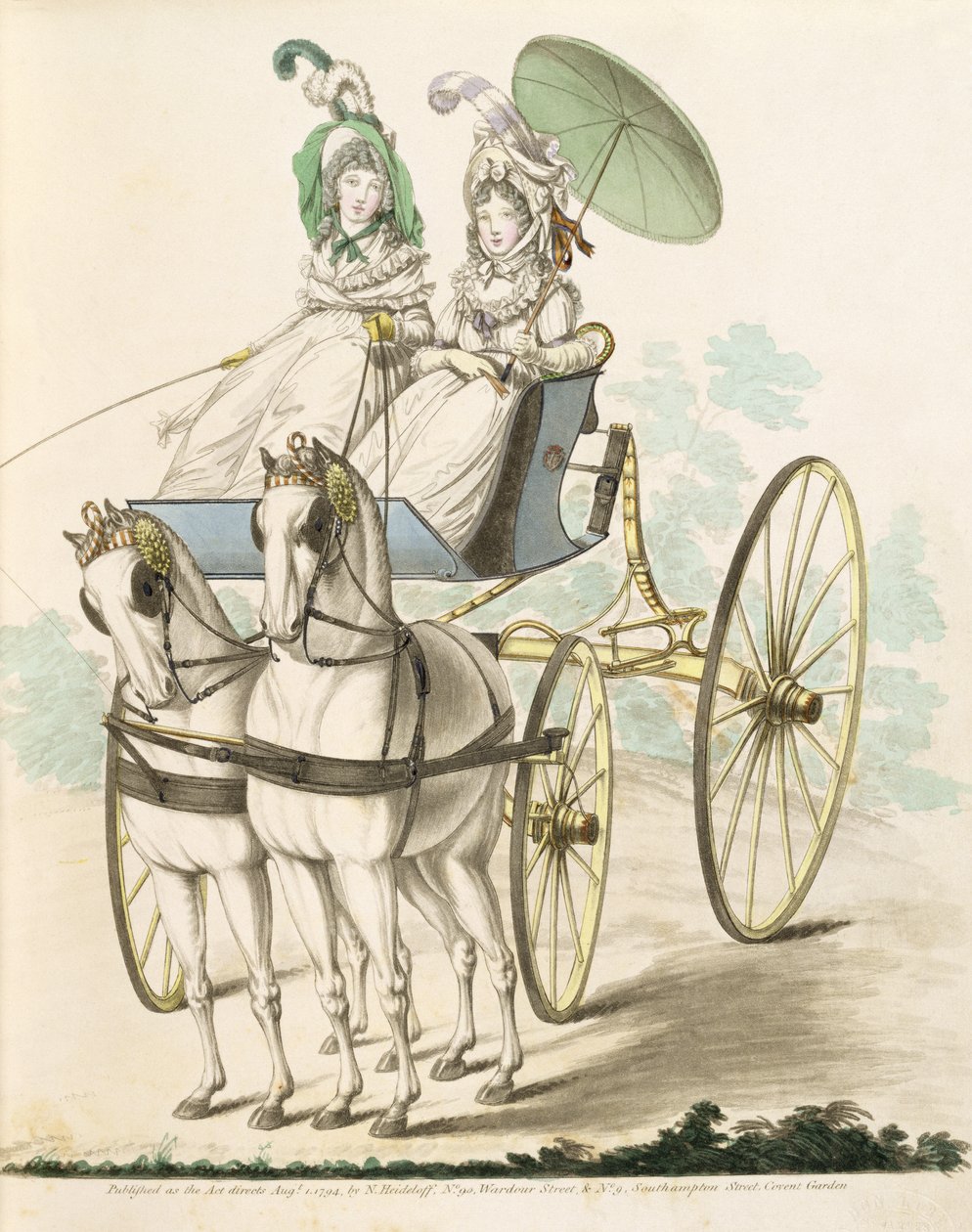 Dvě dámy v negližé, které se vysílají ve phaetonu, z Galerie módy Nikolause Heideloffa, svazek I, srpen 1794 (tisk) od Nicolaus von Heideloff