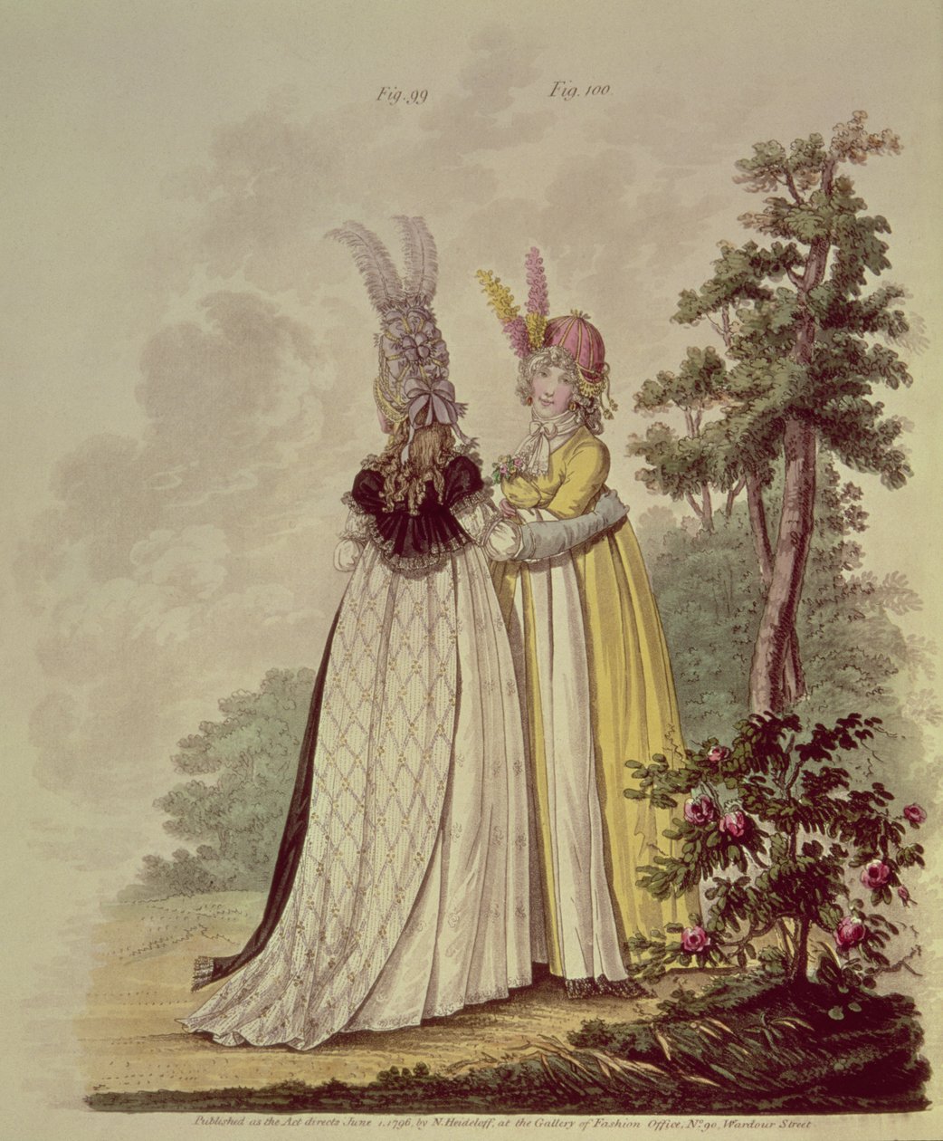 Vycházkové šaty z "Galerie módy" N. Heideloffa, 1796 (akvatinta) od Nicolaus von Heideloff