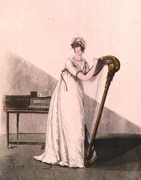 Mladá žena s harfou z Heideloff "Gallery of Fashion", počátek 19. století (barevná rytina) od Nicolaus von Heideloff