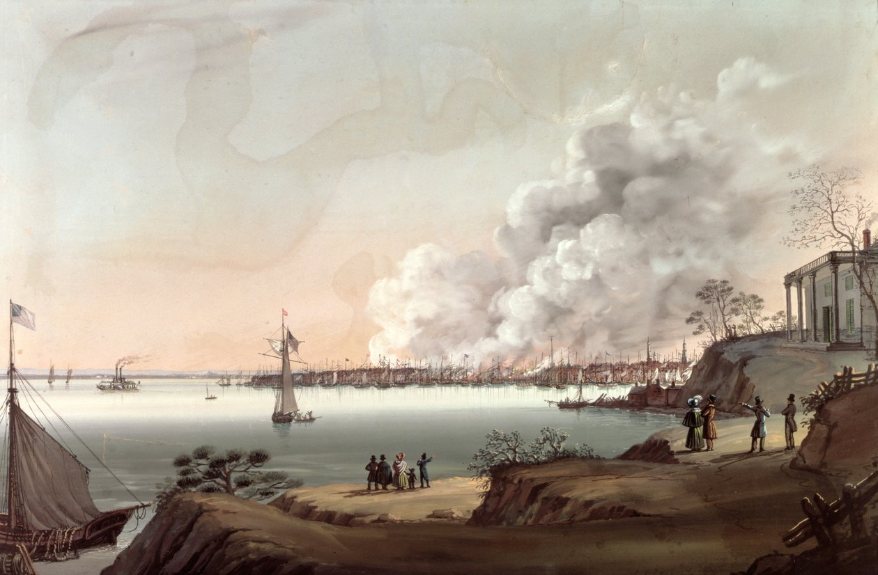 Pohled na New York po Velkém požáru z Brooklynu, 1835 od Nicolino Calyo