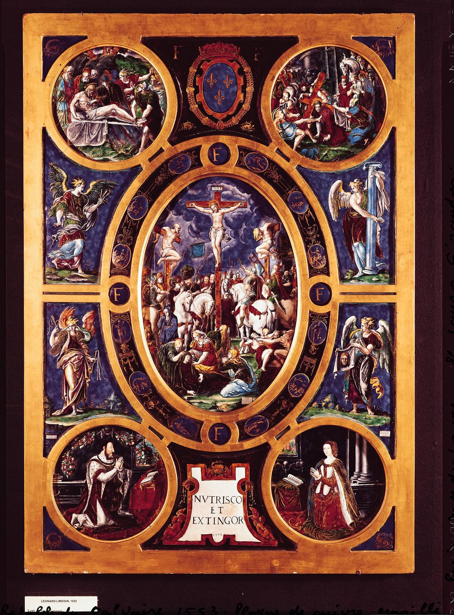 Oltářní obraz Sainte-Chapelle, zobrazující Ukřižování, smaltovaný Leonardem Limosinem (1505-76) 1553 (smaltovaná mosaz) od Nicolo dell Abate