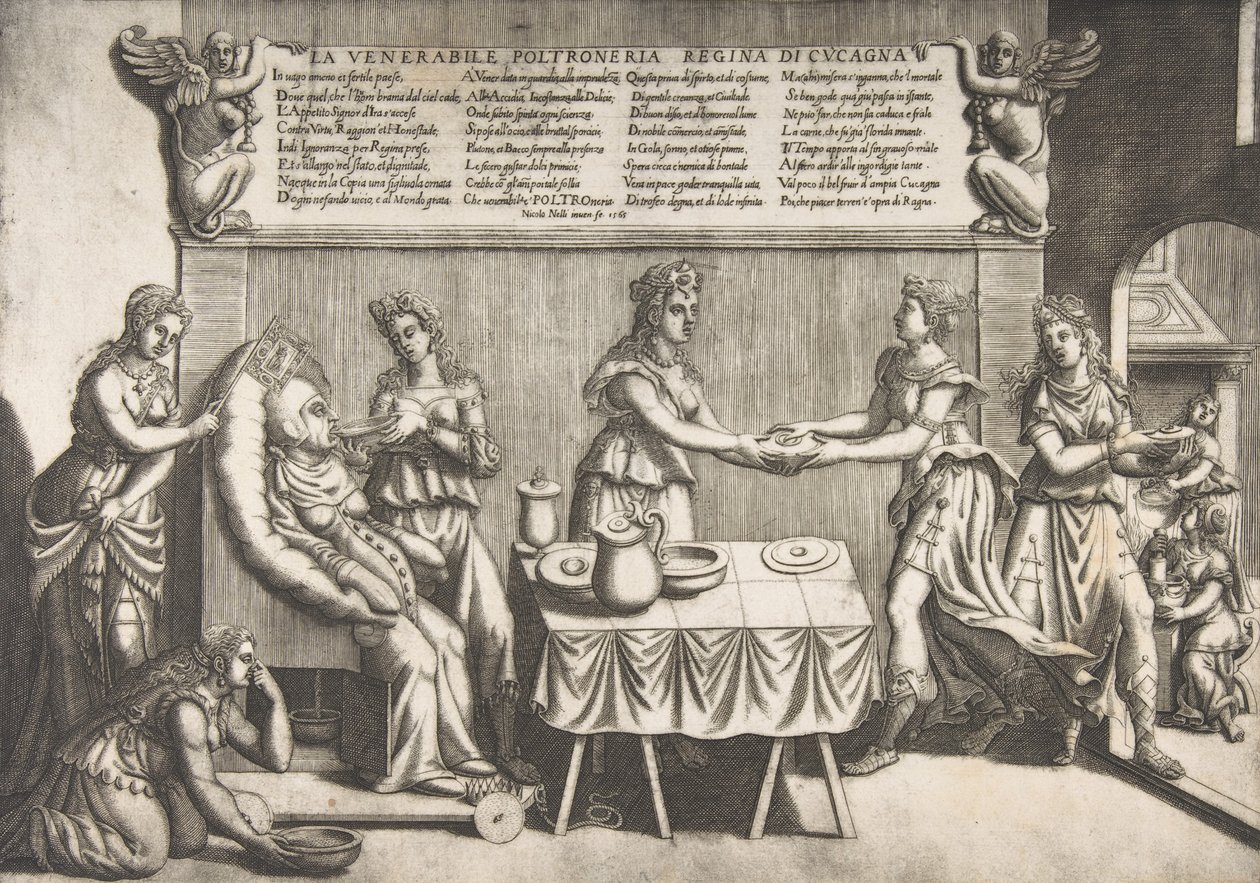 Ctihodná nečinnost, královna Cockaigne, tlustá žena sedící na pohyblivém záchodovém křesle..., 1565. od Nicolo Nelli