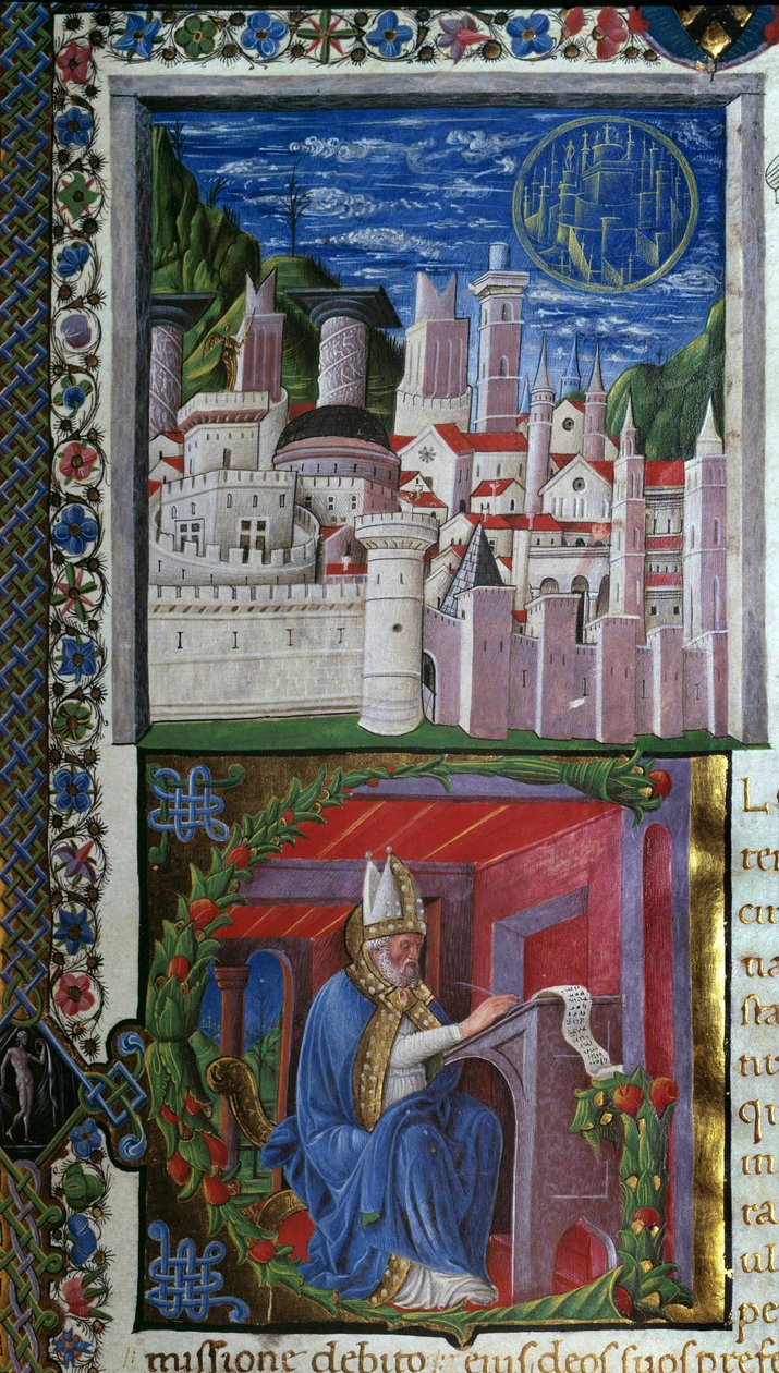 Miniatura psaní svatého Augustina od Nicola Polaniho převzatá z „“ De civitate dei““ (Město Boží) od svatého Augustina z Hrocha (354-430). 1459. Paříž, Bibliotheque sainte Genevieve od Nicolo Polani