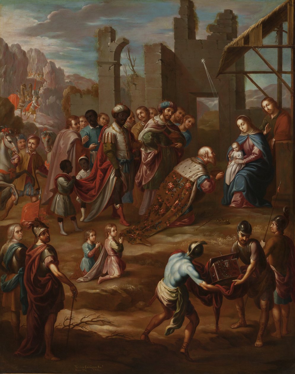Klanění králů s místokrálem Pedro de Castro y Figueroa, vévoda z La Conquista ( Klanění králů s místokrálem Pedro de Castro y Figueroa, vévoda z La Conquista ), 1741 (olej na coppe od Nicolás Enríquez