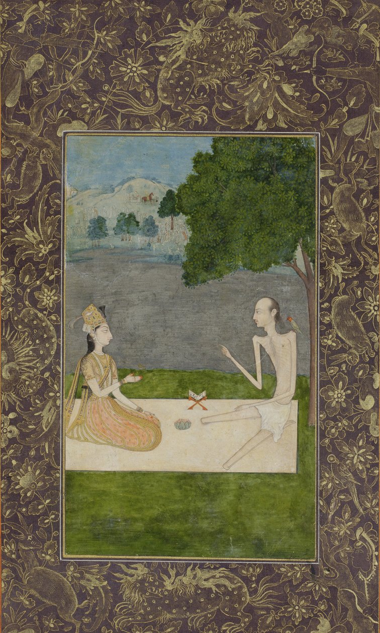 Laila a Majnun konverzují pod stromem, kolem roku 1730 (neprůhledné wc a zlato na papíře) od Nihal Chand