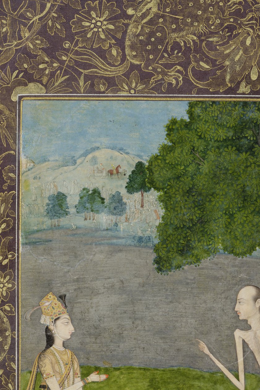 Laila a Majnun konverzují pod stromem, detail, cca 1730 (neprůhledné wc a zlato na papíře) od Nihal Chand