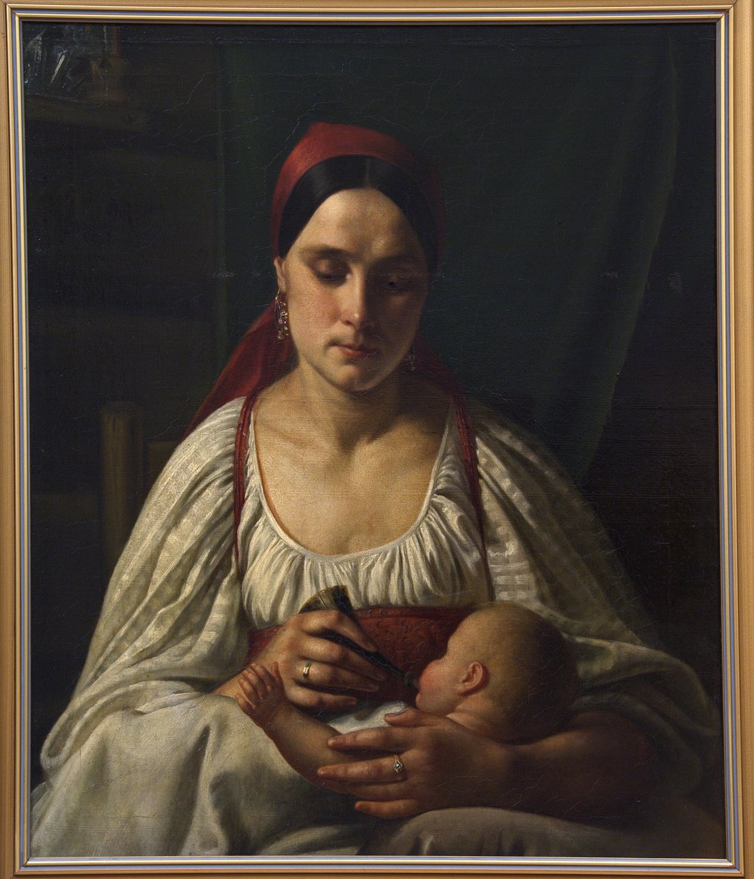 Ruská rolnice krmí své dítě kravským rohem. (Ruská selka krmící své dítě z kravského rohu). Obraz Nikifor Stepanovič Krylov (Krilov) (1802-1831), olej na plátně od Nikifor Stepanovich Krylov