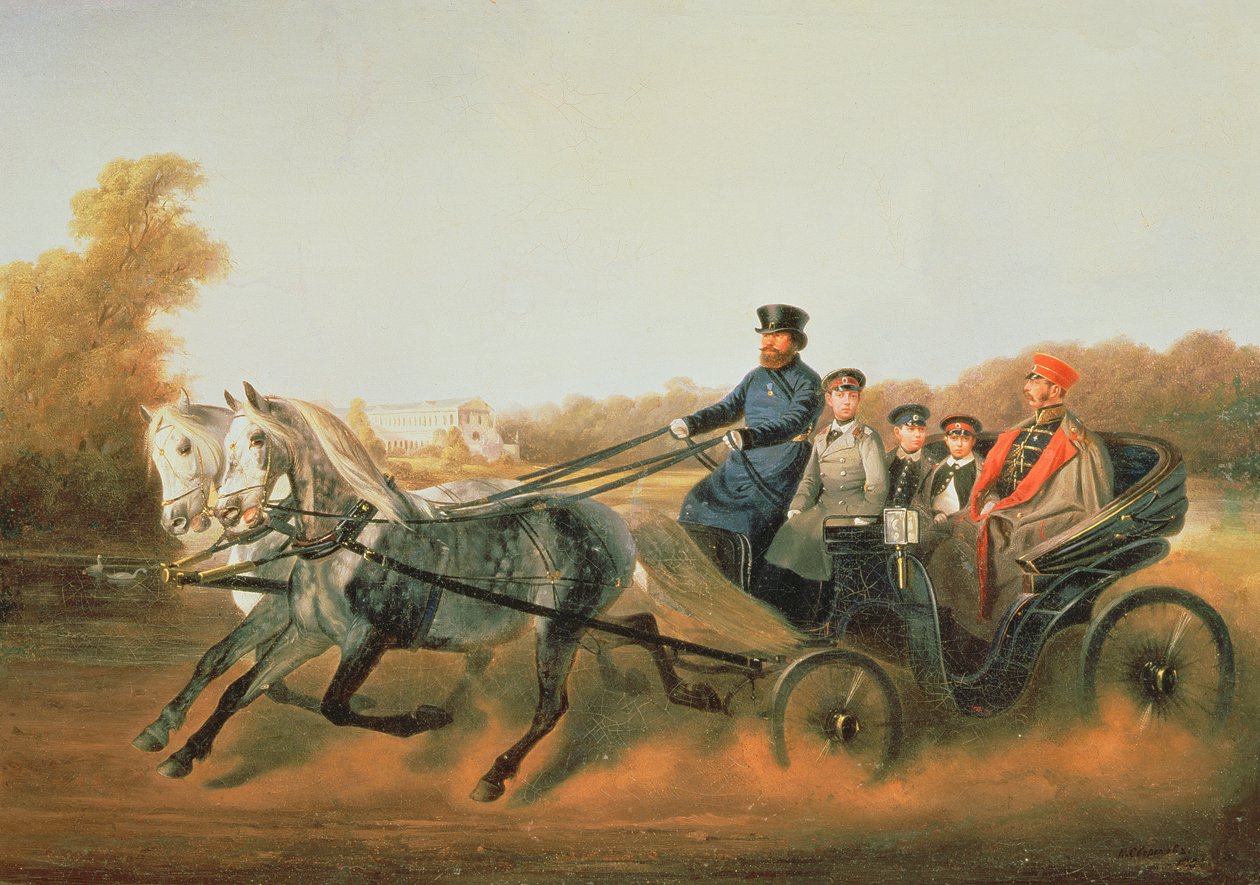 Car Alexander II (1818-81) Jízda se svými syny v Zarskoje Selo, 50. léta 19. století od Nikolai Egorevich Sverchkov