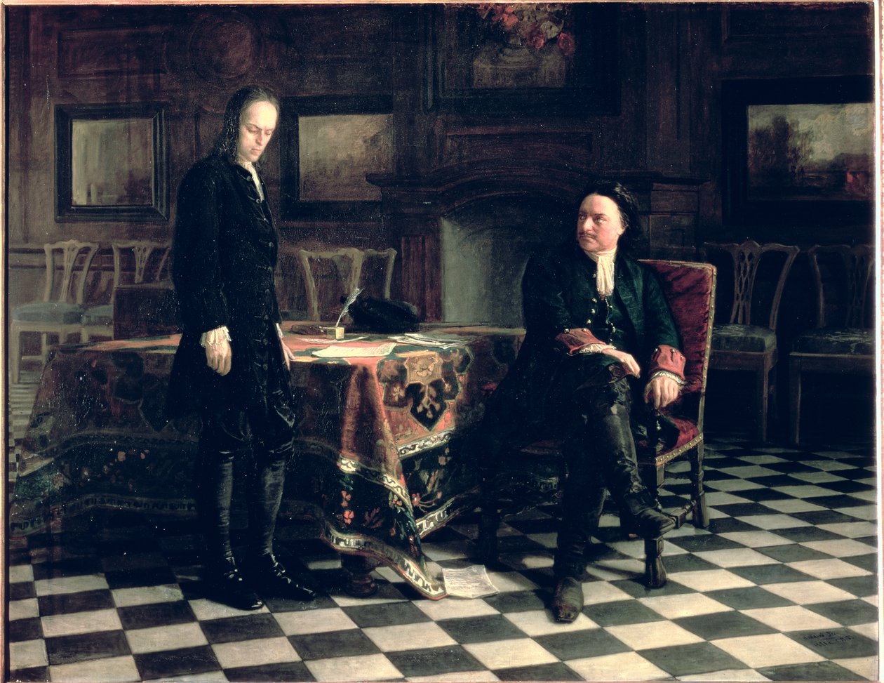 Petr Veliký vyslýchá careviče Alexeje Petroviče v Peterhofu, 1871 od Nikolai Nikolaevich Ge