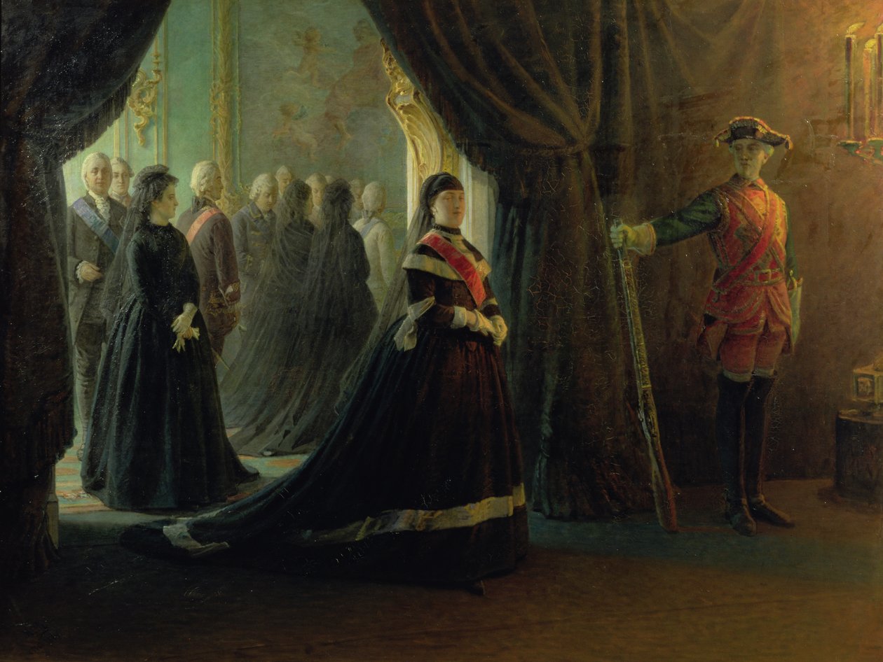 Kateřina II. (1729-96) u rakve císařovny Alžběty (1709-61), 1874 od Nikolai Nikolajevitch Gay
