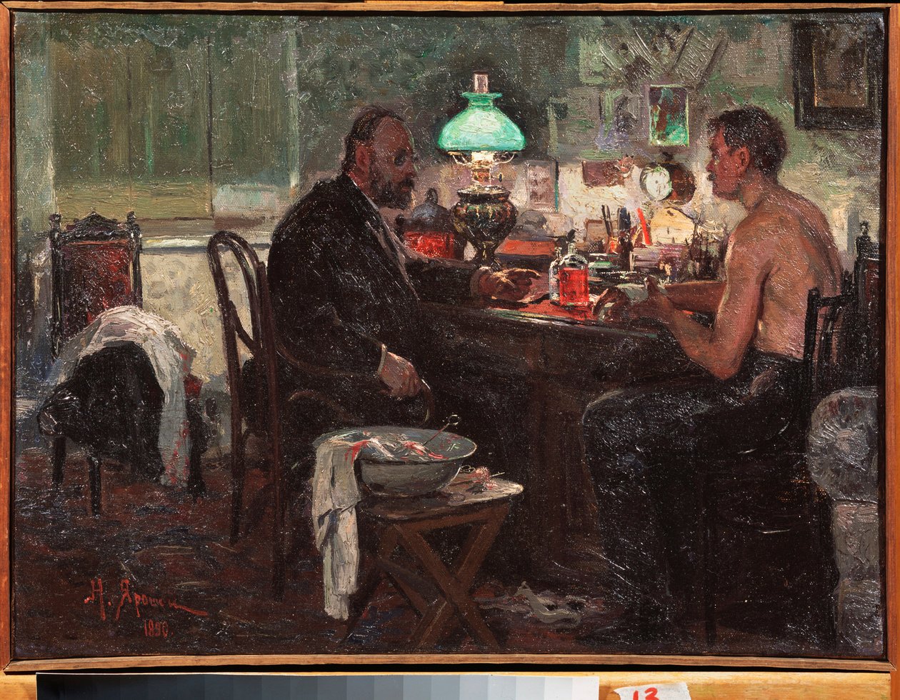 Chez le medecin (U lékaře) - obraz Nikolaje Alexandroviče Yaroshenka (Yaroshenko) (1846-1898), olej na plátně, ruské umění od Nikolai Aleksandrovich Yaroshenko