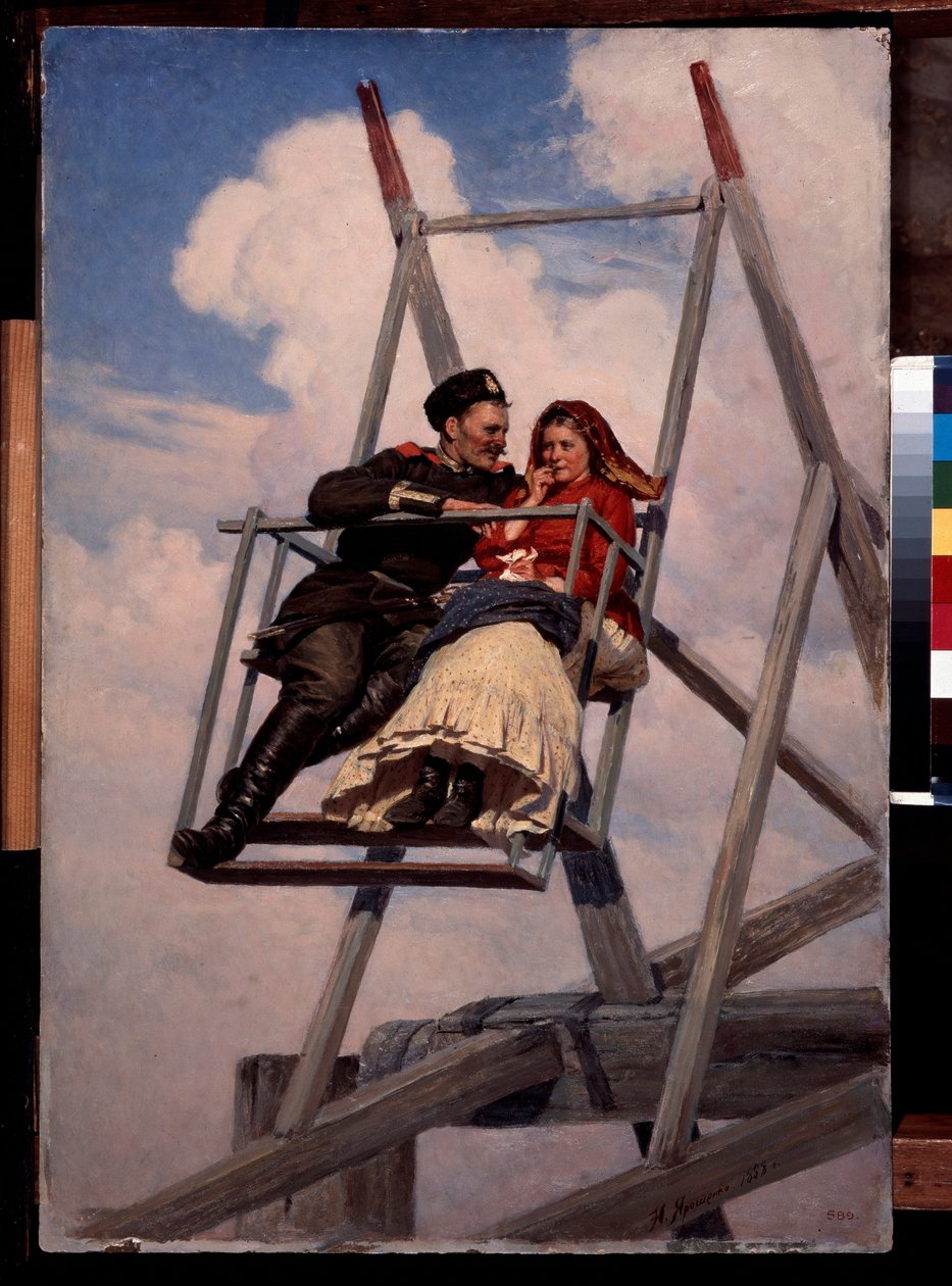 Na houpačce - obraz Nikolaje Alexandroviče Jarošenka (Jaroshenko) (1846-1898), olej na plátně od Nikolai Aleksandrovich Yaroshenko