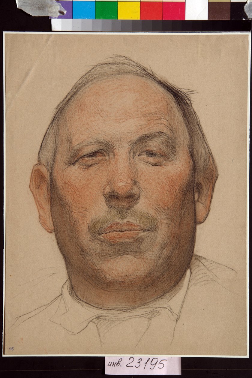 Portrét Demiana Bednyho (1883-1945) - Oeuvre de Nikolai Andreevich Andreev (1873-1932), sanguine et craies sur papier (32x24,2 cm), vers 1920 - (Portrait of Demyan Bedny, by Nikolay Andrejevich Sanguineyev, black, a bílou křídou na papíře od Nikolai Andreevich Andreev