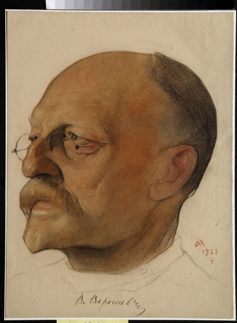 Portrét Vikenti Vikentyevich Smidovitch, dit Vikenti Veressaiev (1867-1945), ruský lékař a spisovatel (Vikenty Vikentyevich Veresaev) - Kresba Nikolaje Andreevich Andreev (1873-1932) sangvinik a pastelky na papíře (32,5x) od Nikolai Andreevich Andreev