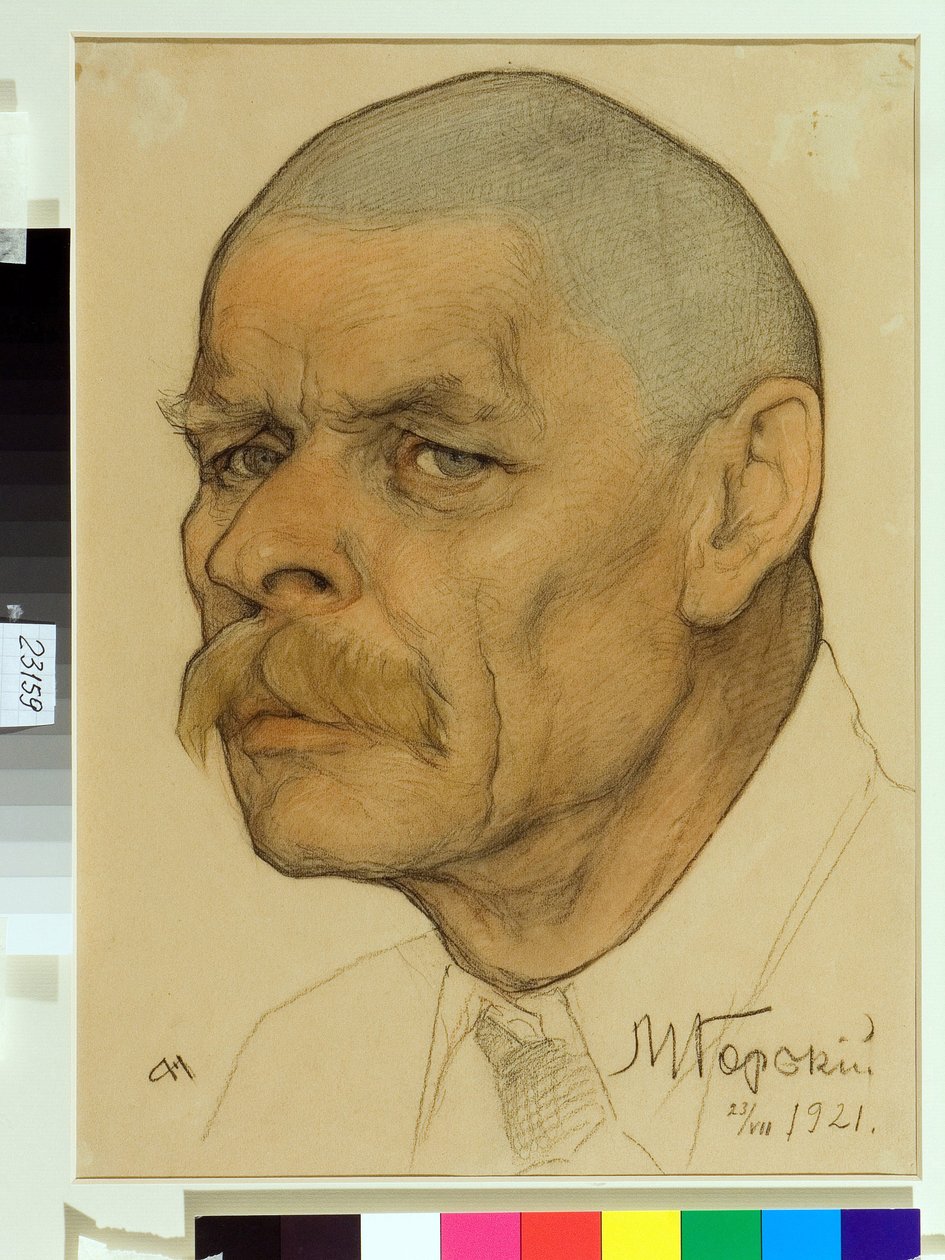 Portrét ruského spisovatele Maxime Gorkého (1868-1939) - Dílo Nikolaje Andrejeviče Andrejeva (1873-1932), krev a křída na papíře (32,6x24,3 cm) od Nikolai Andreevich Andreev