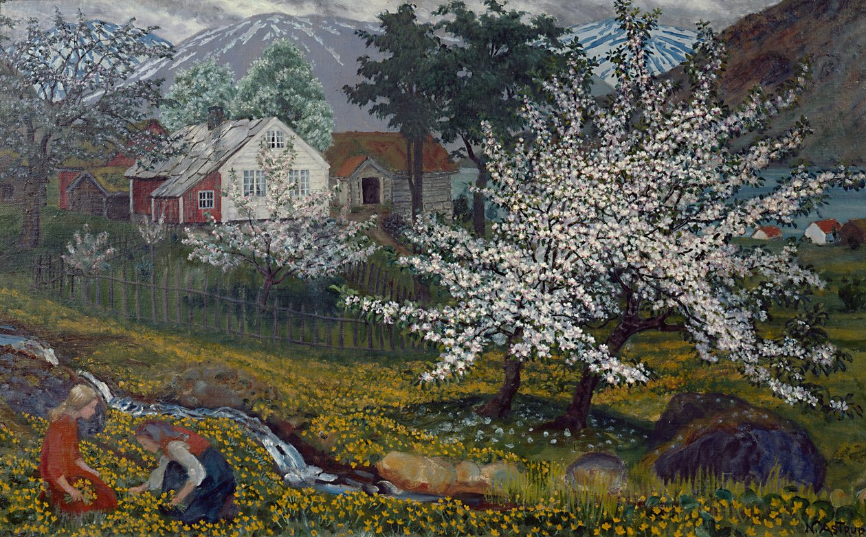 Kvetoucí jabloň, farma Strømsbo, kolem roku 1912 (olej na plátně) od Nikolai Astrup
