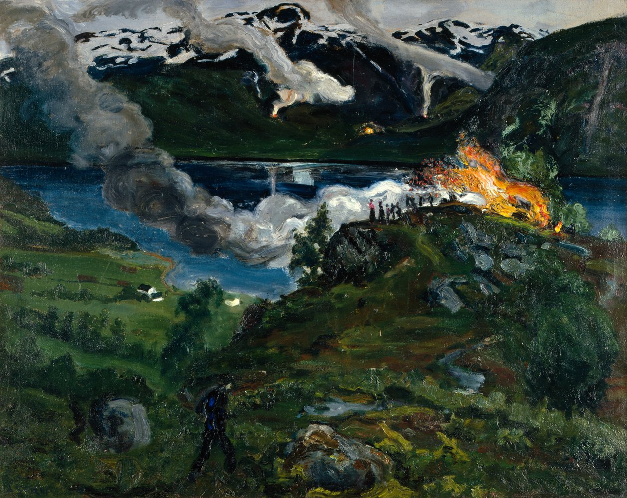 Svatojánský oheň u vody Jølster od Nikolai Astrup