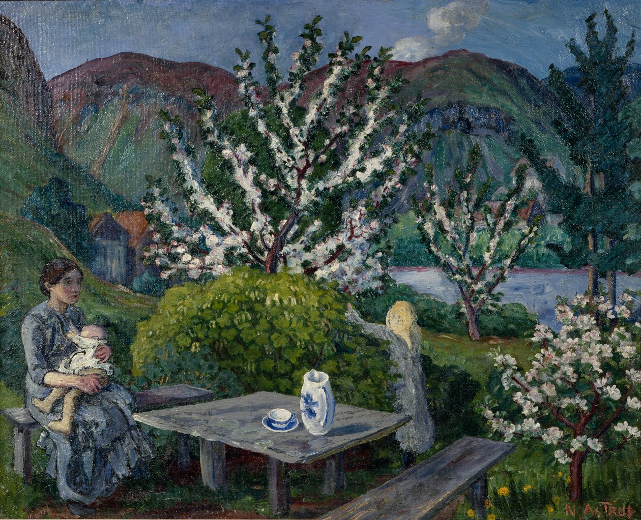 Matka a dítě u zahradního stolu (olej na plátně) od Nikolai Astrup