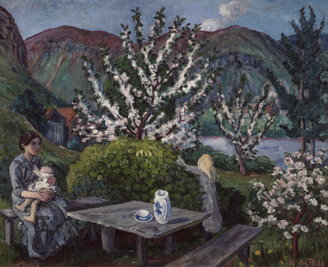Matka a dítě u zahradního stolu od Nikolai Astrup