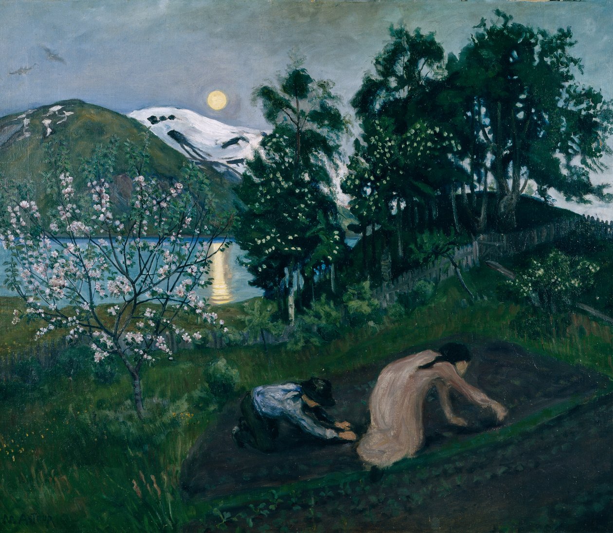 Jarní noc na zahradě, Noční práce na zahradě od Nikolai Astrup