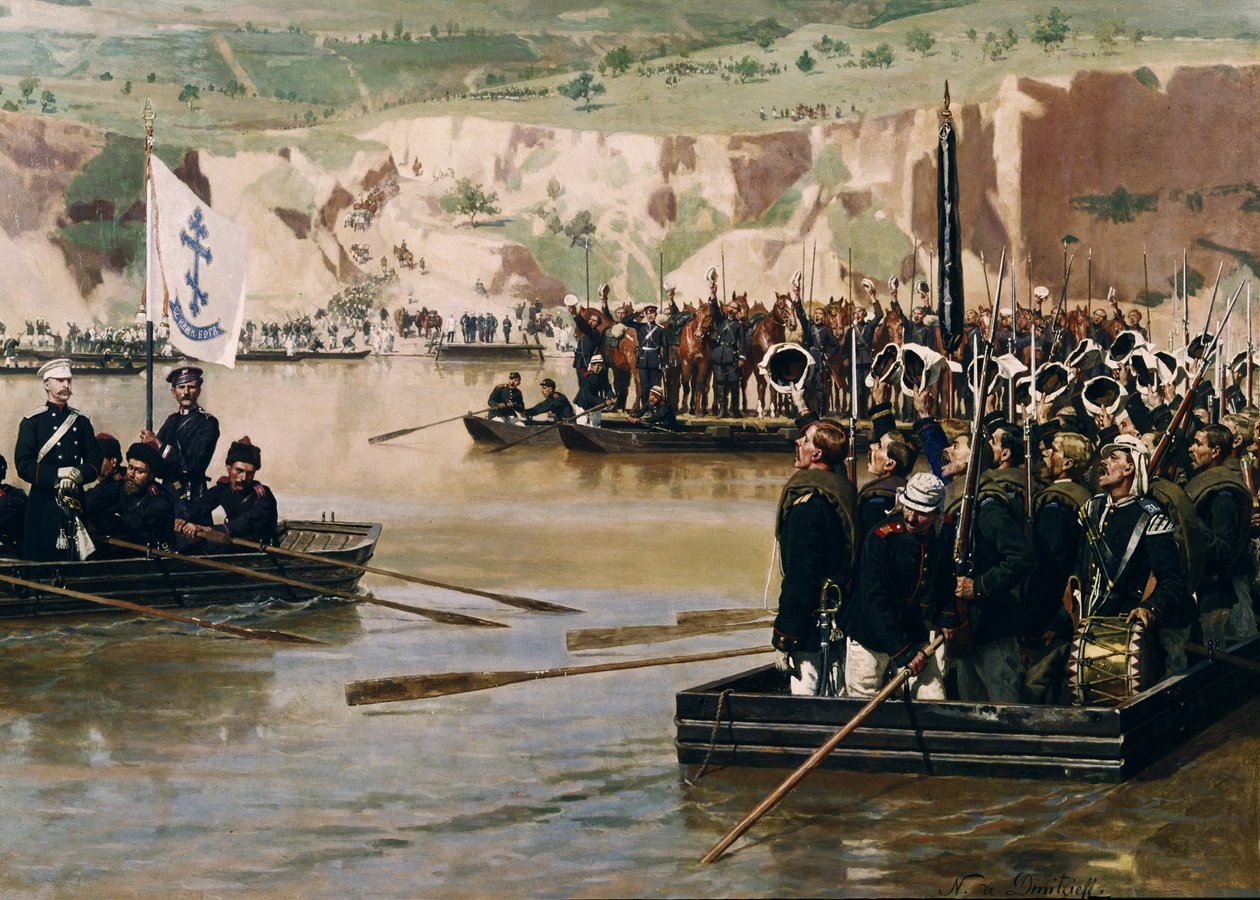 Rusové překročili Dunaj u Svishtova v červnu 1877, 70. léta 19. století od Nikolai Dmitrievich Dmitriev Orenburgsky