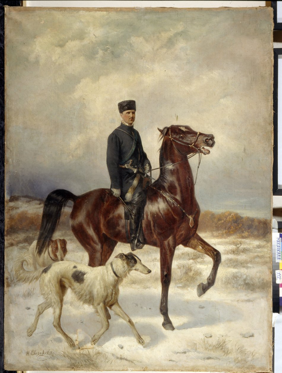 Lovec (The Hunter). Na koni a v doprovodu svých barzojských psů (ruský chrt). Obraz Nikolaje Jegoroviče Sverčkova (Nicolas Swertschkoff) (1817-1898), olej na plátně. ruské umění od Nikolai Egorevich Sverchkov