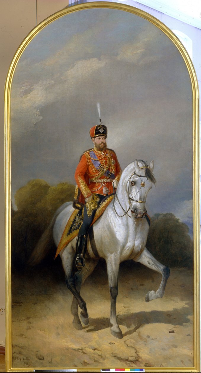 Portrét císaře Alexandra III. (1845-1894) v uniformě husarského pluku císařské gardy. (Portrét císaře Alexandra III. (1845-1894) v uniformě husarského pluku Leibovy gardy). Obraz Nikolaje Jegoroviče Sverčkova od Nikolai Egorevich Sverchkov