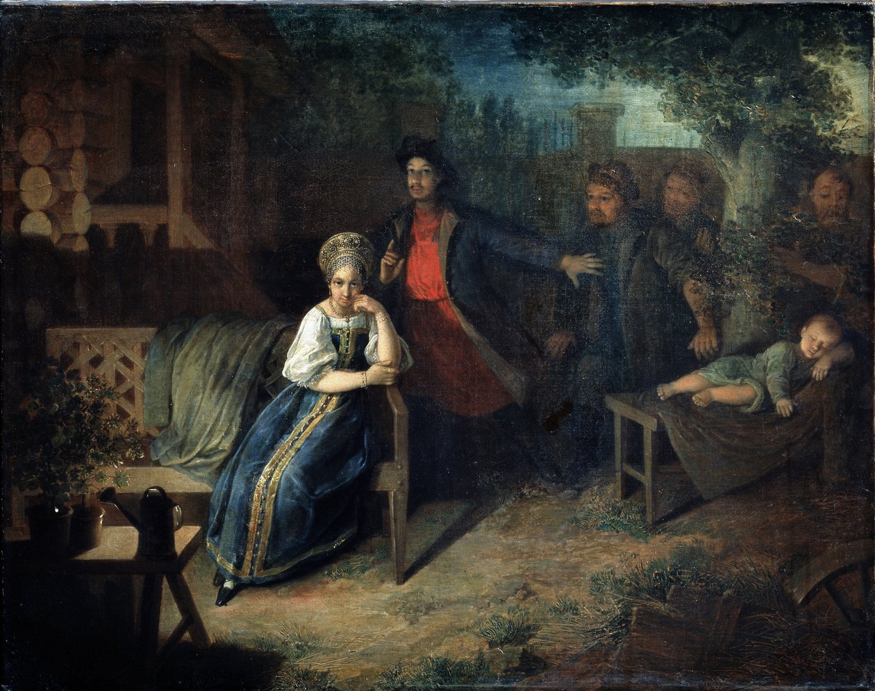 Lupič Yegor Bashlyk unese kupcovu manželku Grunyu. Obraz Nikolaje Michajloviče Alexejeva (1813-1880). Olej na plátně, 77,7 x 99,2 cm od Nikolai Mikhailovich Alexeyev