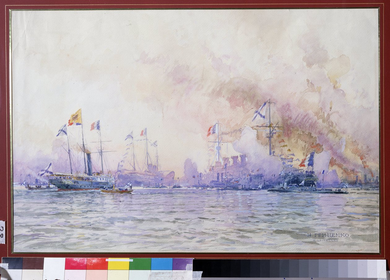 Příjezd francouzské eskadry do Krondstadtu v roce 1893. Námořní krajina s realistickým popisem francouzských námořních sil (válečné lodě, fregaty a korvety), po francouzsko-ruské alianci od Nikolai Nikolaevich Gritsenko