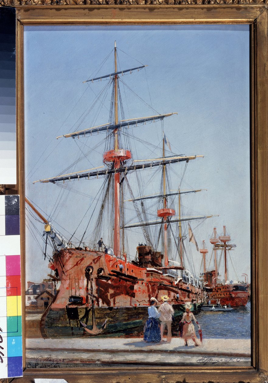 Stavba eskortního křižníku Admiral Kornilov v Bretani. (Budova chráněného křižníku admirála Kornilova v Bretani). Obraz Nikolaje Nikolajeviče Gricenka (1856-1900), olej na dřevě od Nikolai Nikolaevich Gritsenko