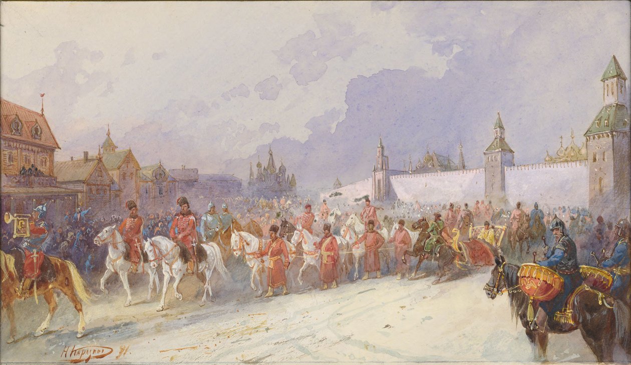 Vstup zajaté rodiny Kuchum Khan do Moskvy. 1599, 1891. od Nikolai Nikolayevich Karasin