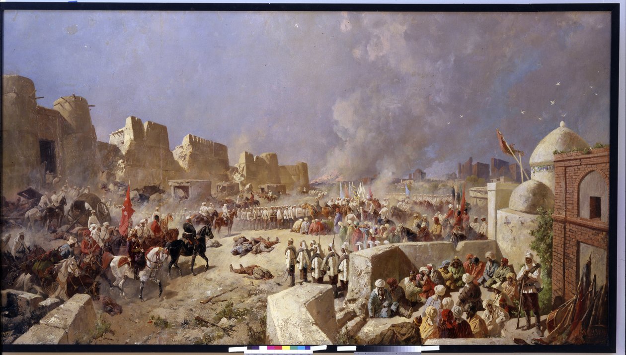 Ruská armáda napadla Samarkand (Uzbekistán) (Ruská armáda napadla Samarkand). Období ruské expanze do střední Asie, Rusové dobyli Samarkand v roce 1868. Obraz Nikolaje Nikolajeviče Karasina (1842-1908), olej na plátně 1888. Umění od Nikolai Nikolayevich Karasin