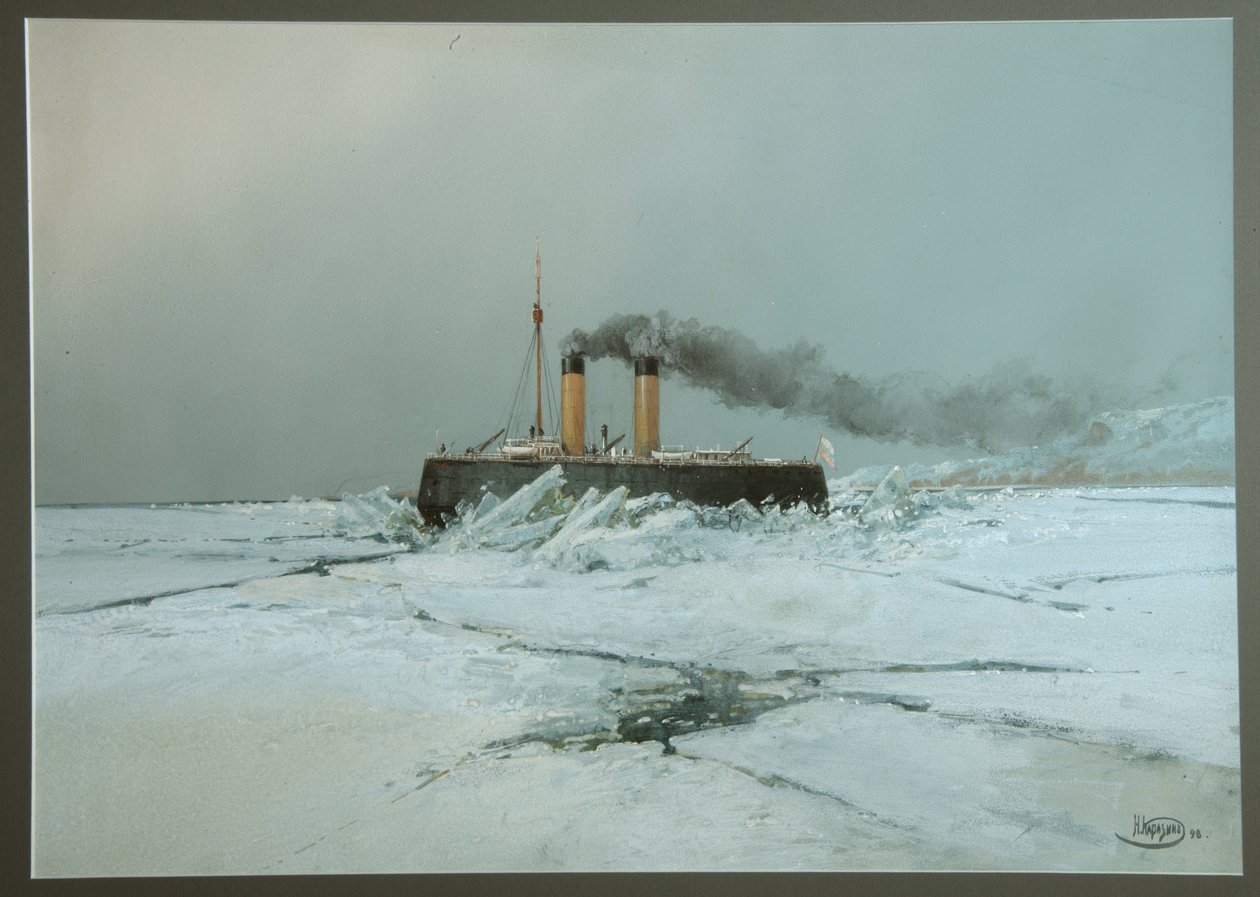Ruská ledoborec Iermak (Icebreaker Yermak) - dílo Nikolaje Nikolajeviče Karasina (1842-1908), akvarel a bílá na papíře (45,4x76 cm) od Nikolai Nikolayevich Karasin