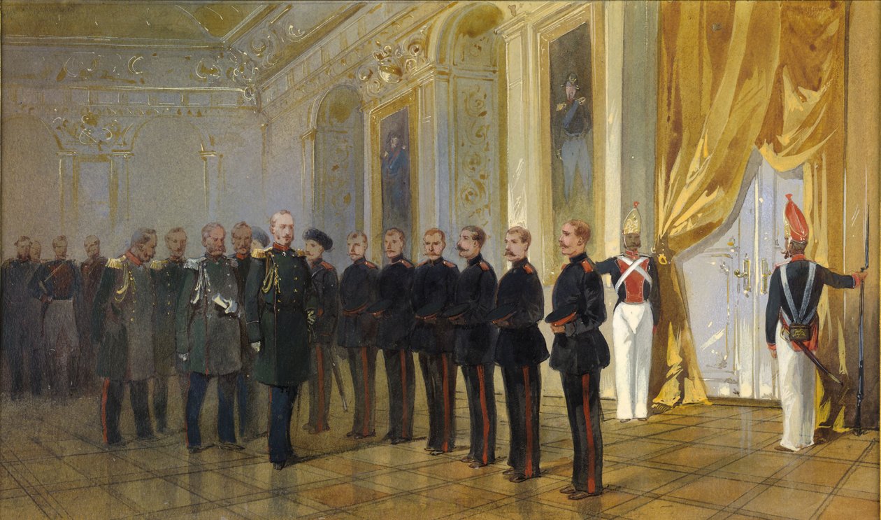 Prezentace sibiřského kozáckého pluku císaři Mikuláši I....v roce 1833, 1891. od Nikolai Nikolayevich Karasin