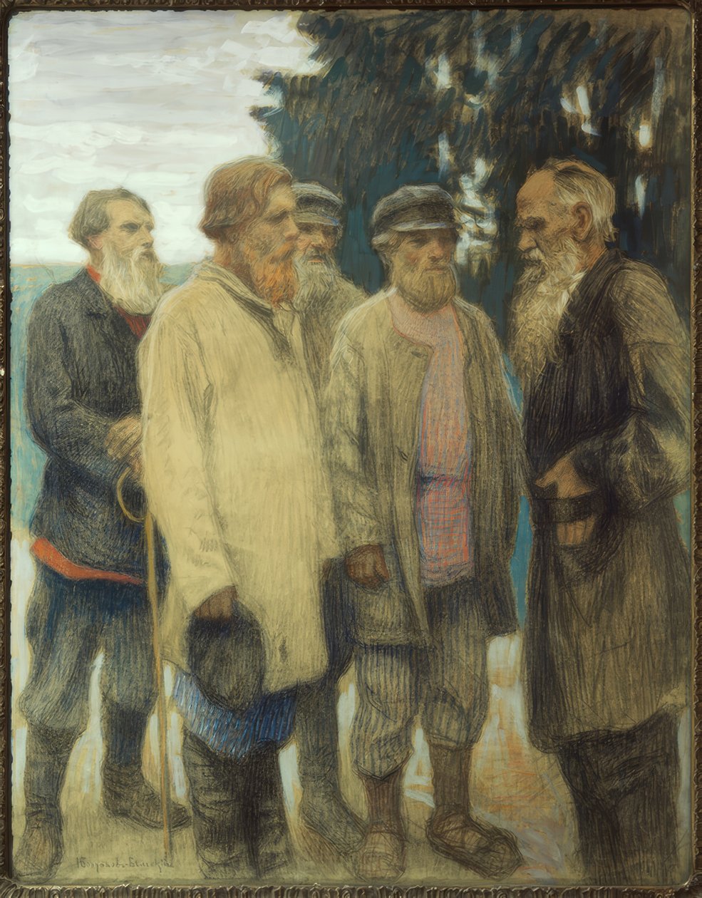 Leo Tolstoj s farmáři / pastel Bogdanow-Bjelski od Nikolai P. Bogdanow Bjelski