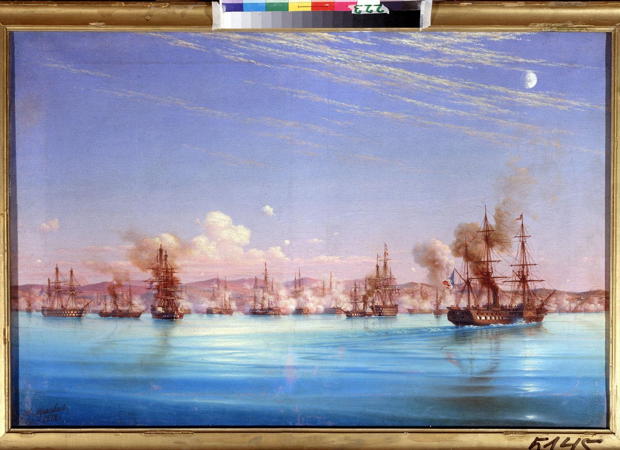Bombardování Sevastopolu francouzsko-britskou eskadrou v roce 1854. (Bombardování Sevastopolu od britské francouzské eskadry v roce 1854). Epizoda obléhání města od roku 1854 do roku 1855, během krymské války mezi koalicí Osmanských říší, f od Nikolai Pavlovich Krasovsky