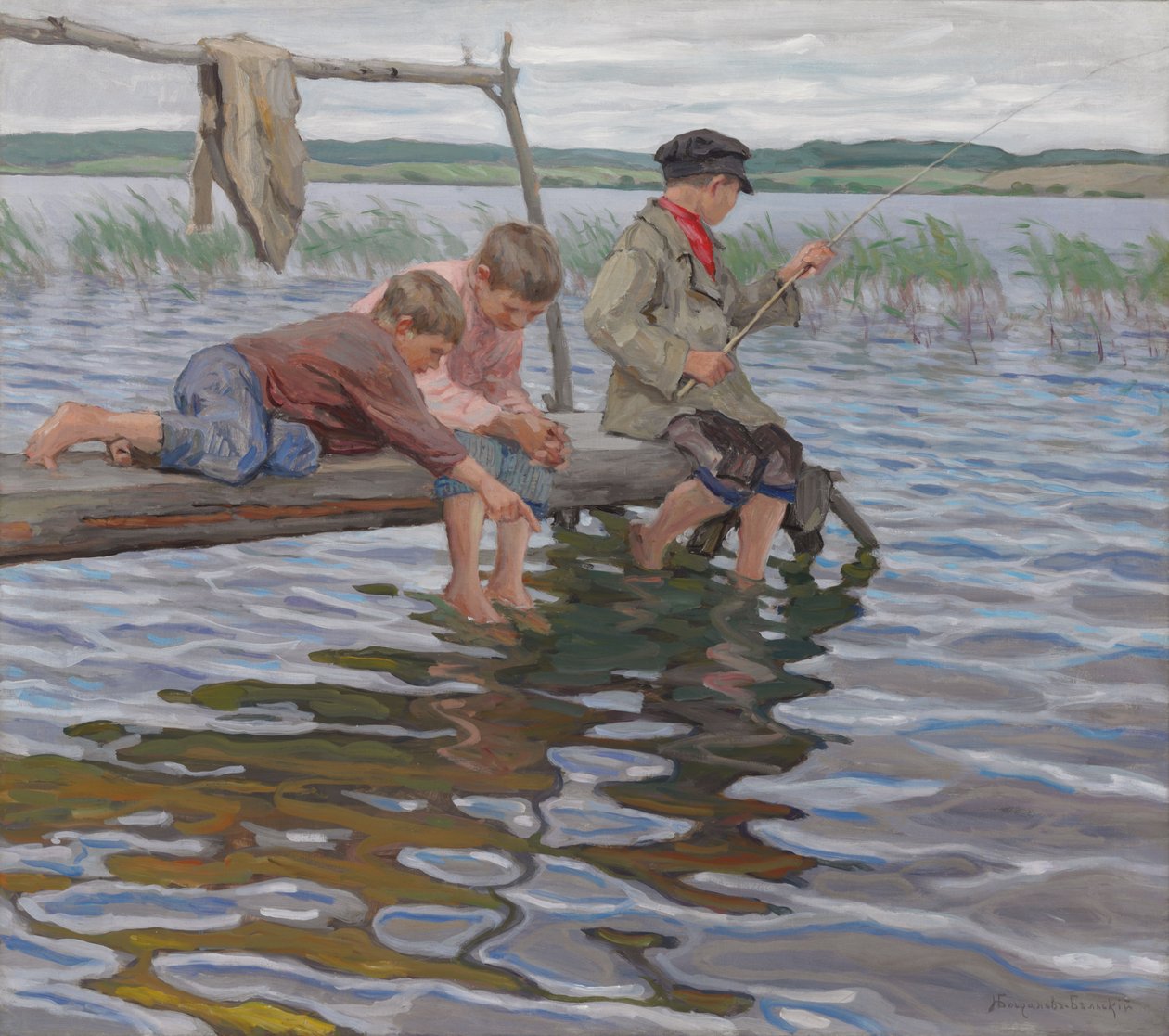 Chlapci loví z mola od Nikolai Petrovich Bogdanov Belsky