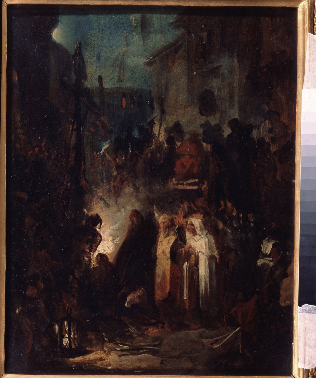Autodafe (Autodafe). Pouliční scéna, v noci, po rozsudku soudu inkvizice, se dav a duchovní shromáždili kolem ohně. Dílo Nikolaje Petroviče Lomtěva (1816-1859), olej na kartonu. ruské umění od Nikolai Petrovich Lomtev