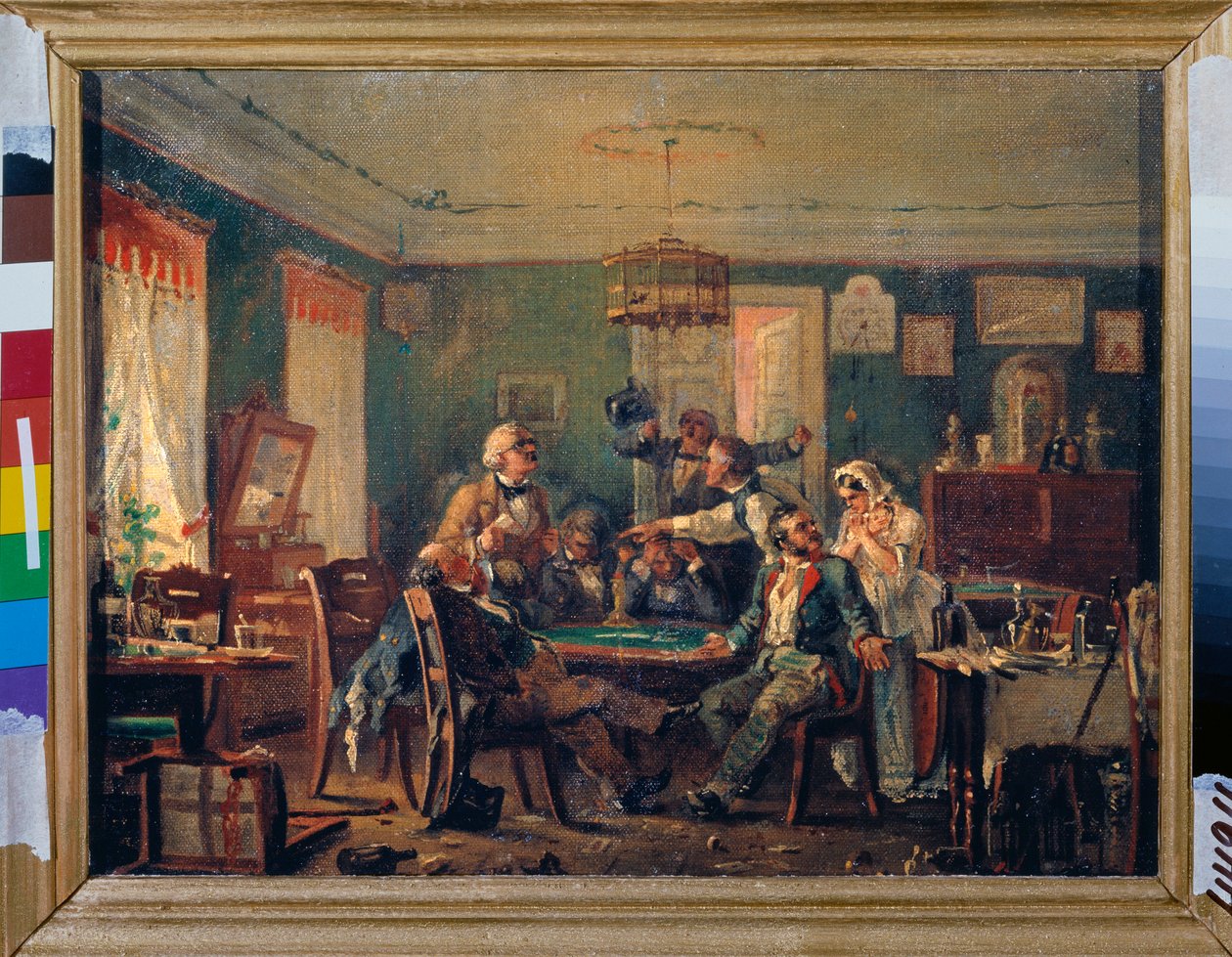 Karetní hra - Karetní hra - Obraz Nikolaje Petroviče Petrova (1834-1876), olej na plátně, cca 1850 - 19. století ruské umění - Státní ruské muzeum, Petrohrad od Nikolai Petrovich Petrov