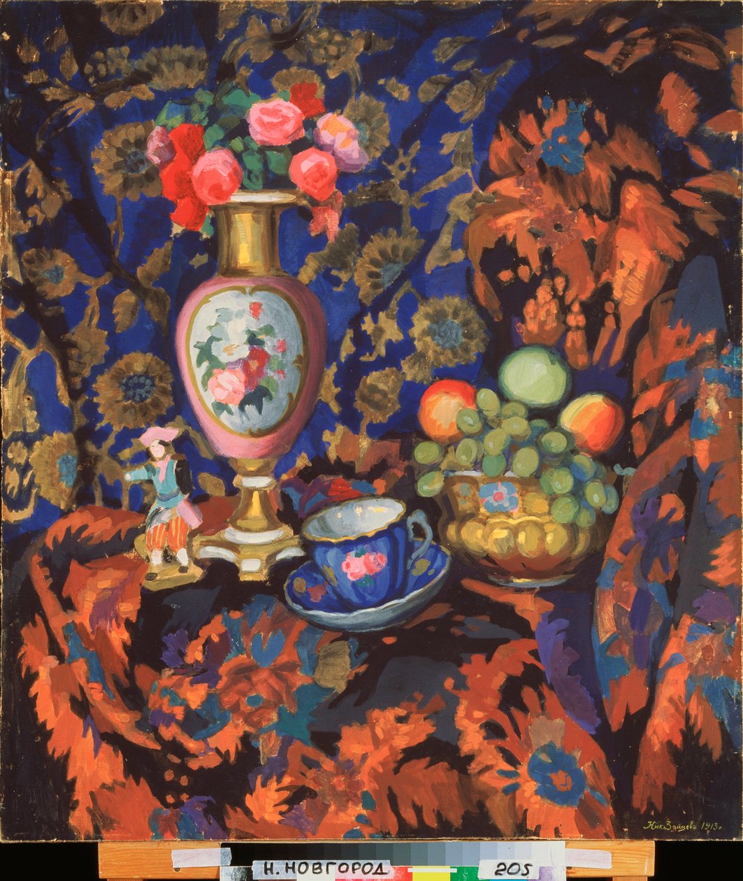 Zátiší s porcelánem a květinami - dílo Nikolaje Semjonoviče Zajceva (1885-1938), tempera na kartonu od Nikolai Semyonovich Zaytsev