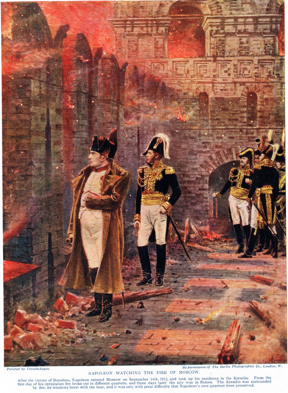 Napoleon sleduje požár Moskvy, ilustrace z knihy "Hutchinsons History of the Nations", cca 1910 od Nikolai Stepanovich Vereshchagin