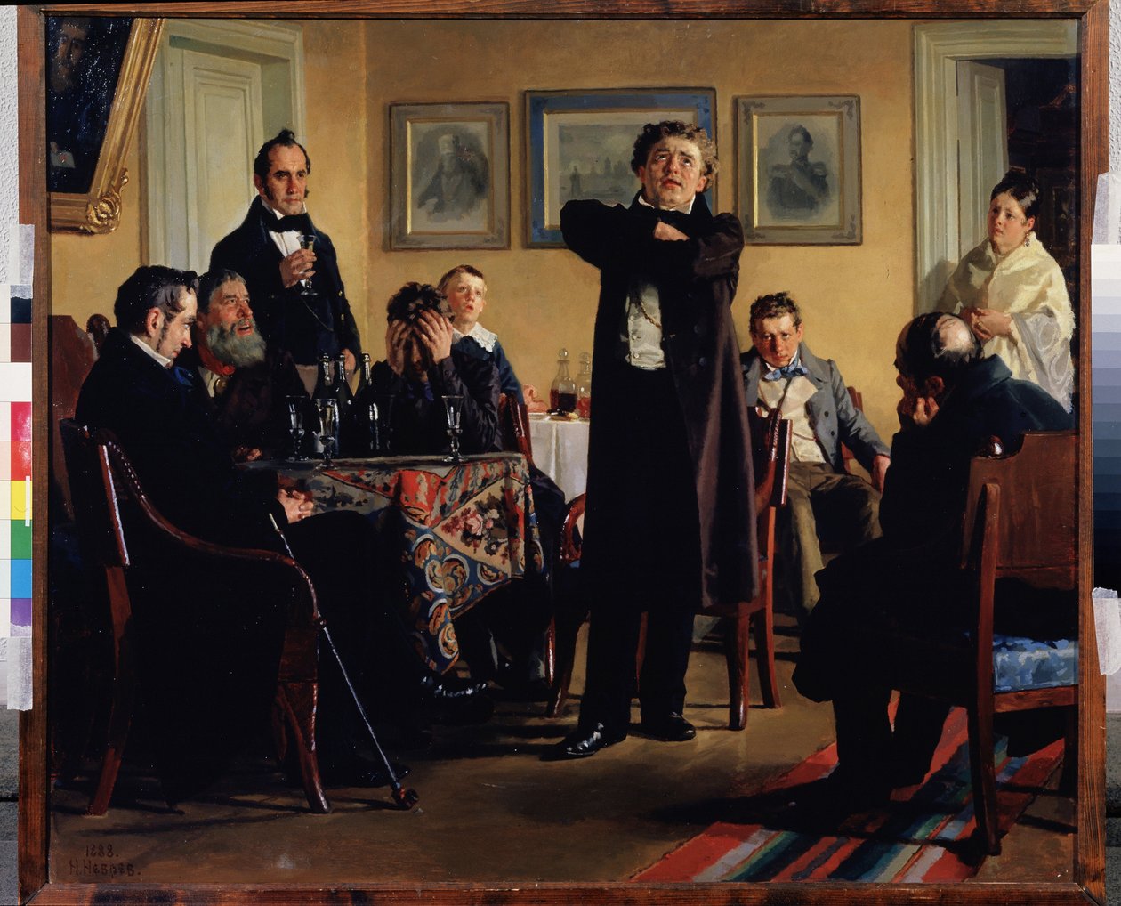 Herec Pavel Mochalov (1808-1848) obklopuje své obdivovatele. (Mezi svými fanoušky herec P. Mochalov). Je považován za největšího tragéda romantického Ruska, interpretuje roli v soukromém salonu, diváky pozorné a zaujaté emocemi od Nikolai Vasilievich Nevrev