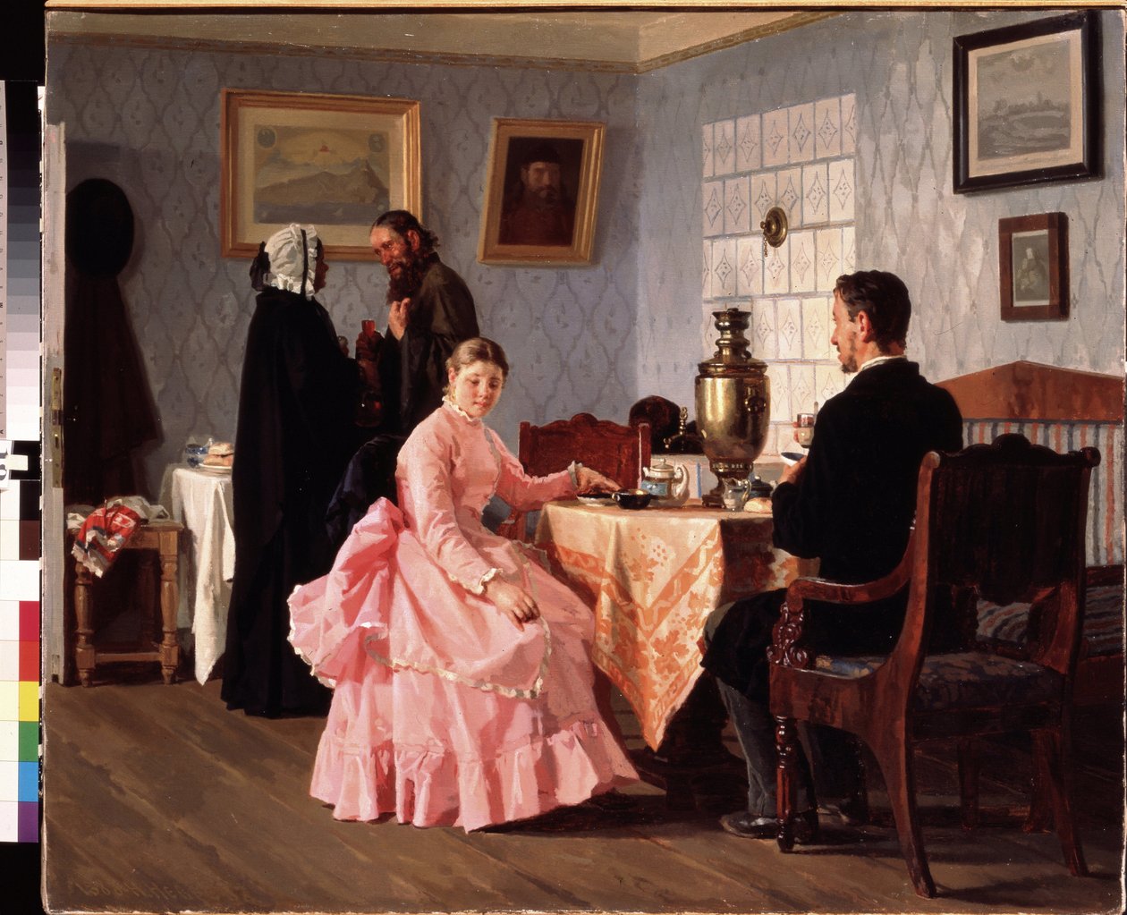 Dohazování. Setkání organizované u šálku čaje, pro organizaci svatby mladého páru. Obraz Nikolaje Vasiljeviče Nevreva (1830-1904), olej na plátně od Nikolai Vasilievich Nevrev